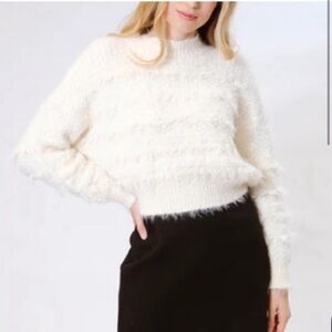 NWT Area Stars Mock Neck Long Sleeve Faux Fur Fringe Laila Sweater in Ivory